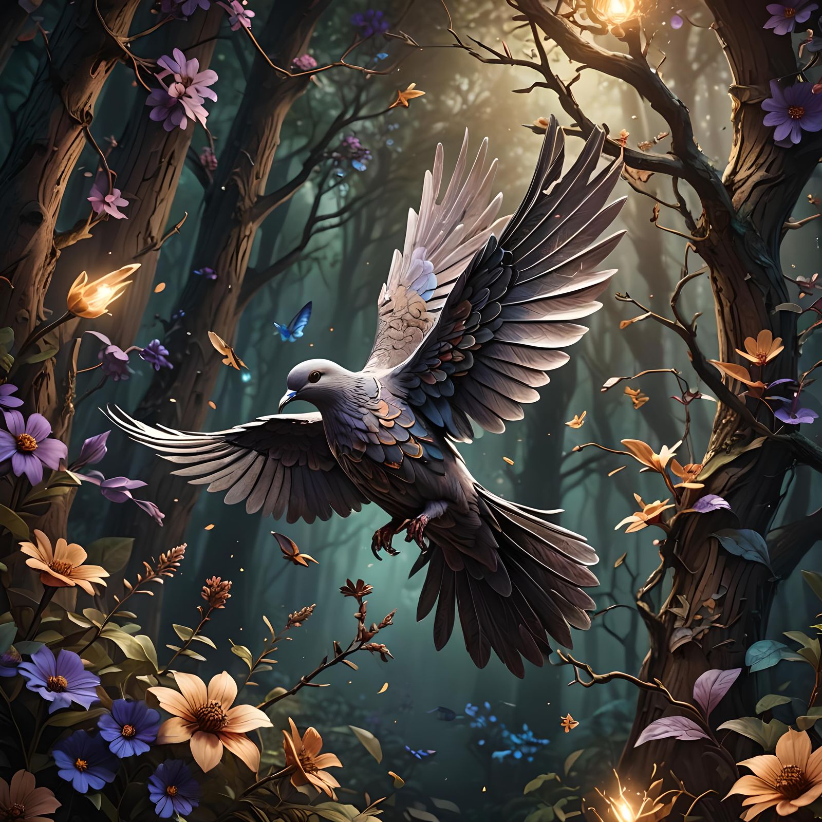 Wooden Dove and Flowers: Detailed Matte Painting