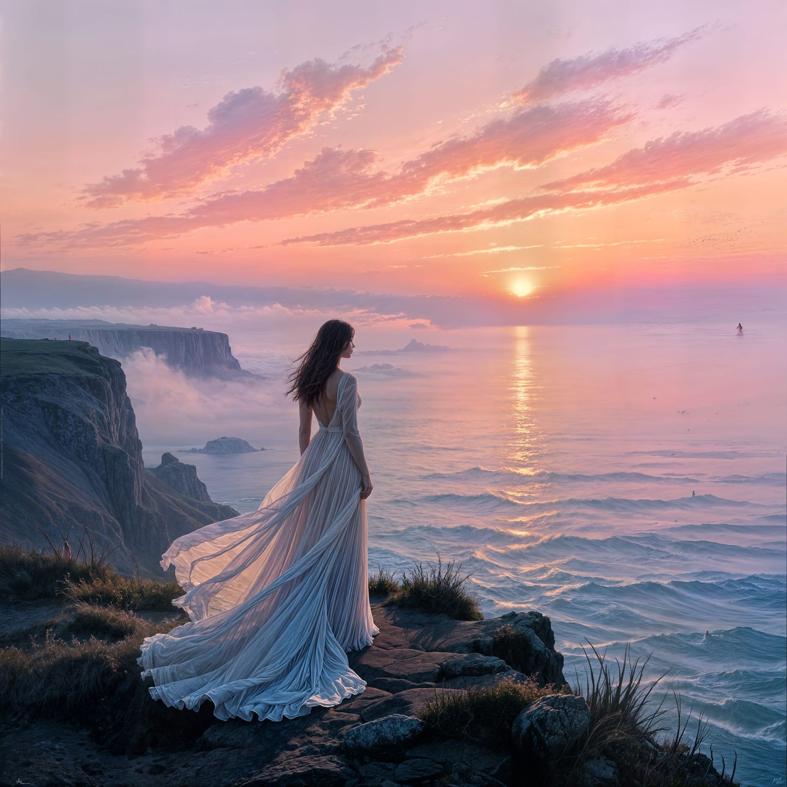 Woman on Cliff Overlooking Misty Ocean at Dawn
