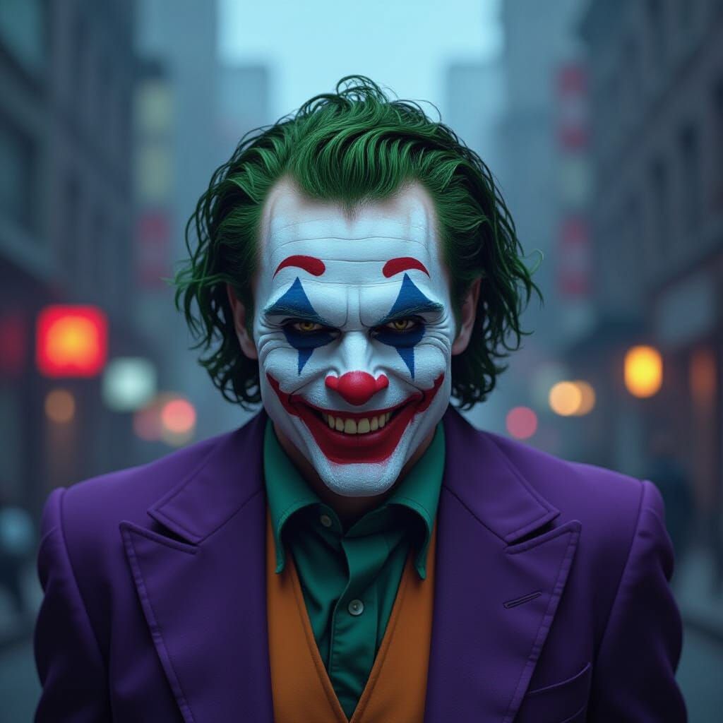 Joker in Gritty Cityscape, Maniacal Grin, Cinematic Lighting
