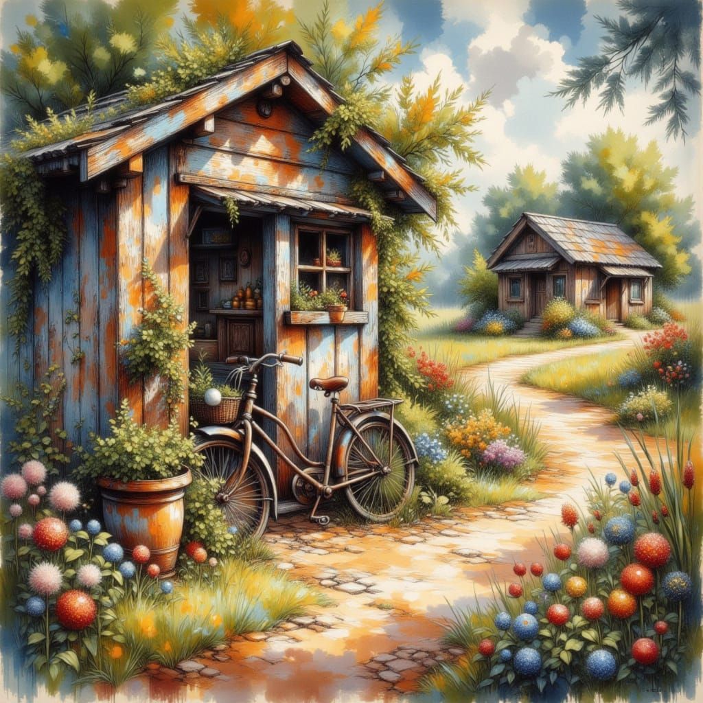 Vibrant Impasto Garden Shack in Whimsical Countryside