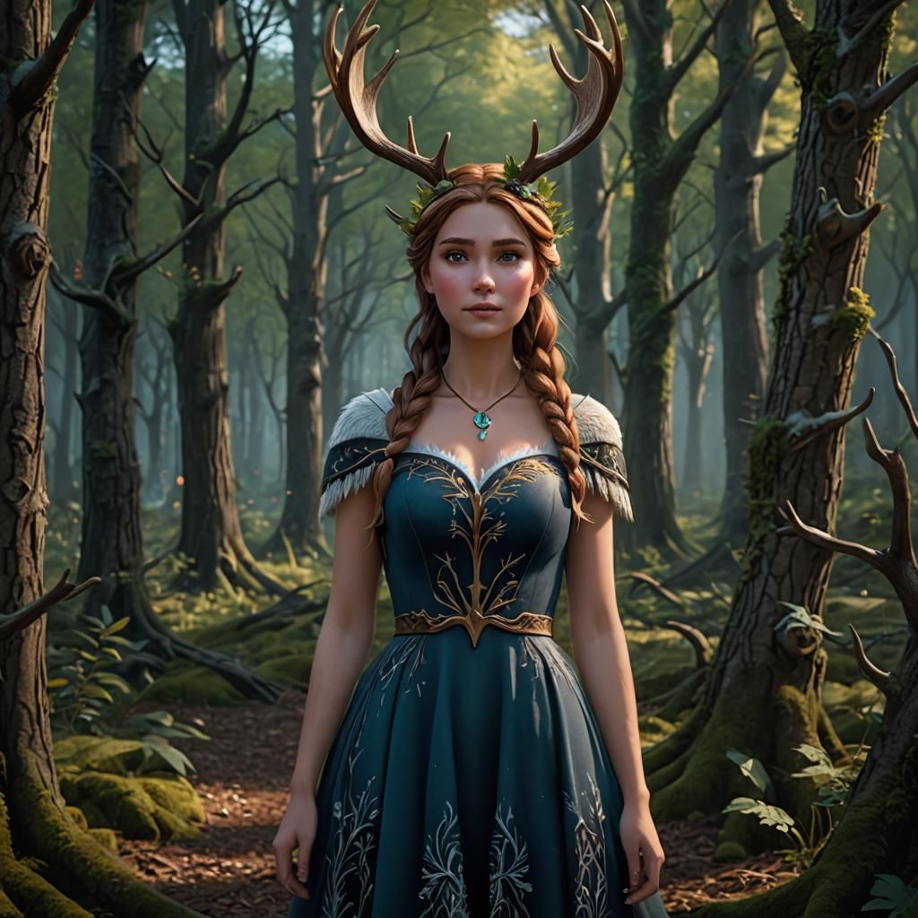 Girl with Antlers in Forest: Fantasy Concept Art