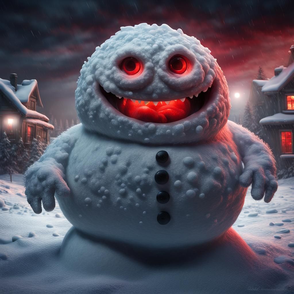 Menacing Snow Monster Snowman with Red Eyes