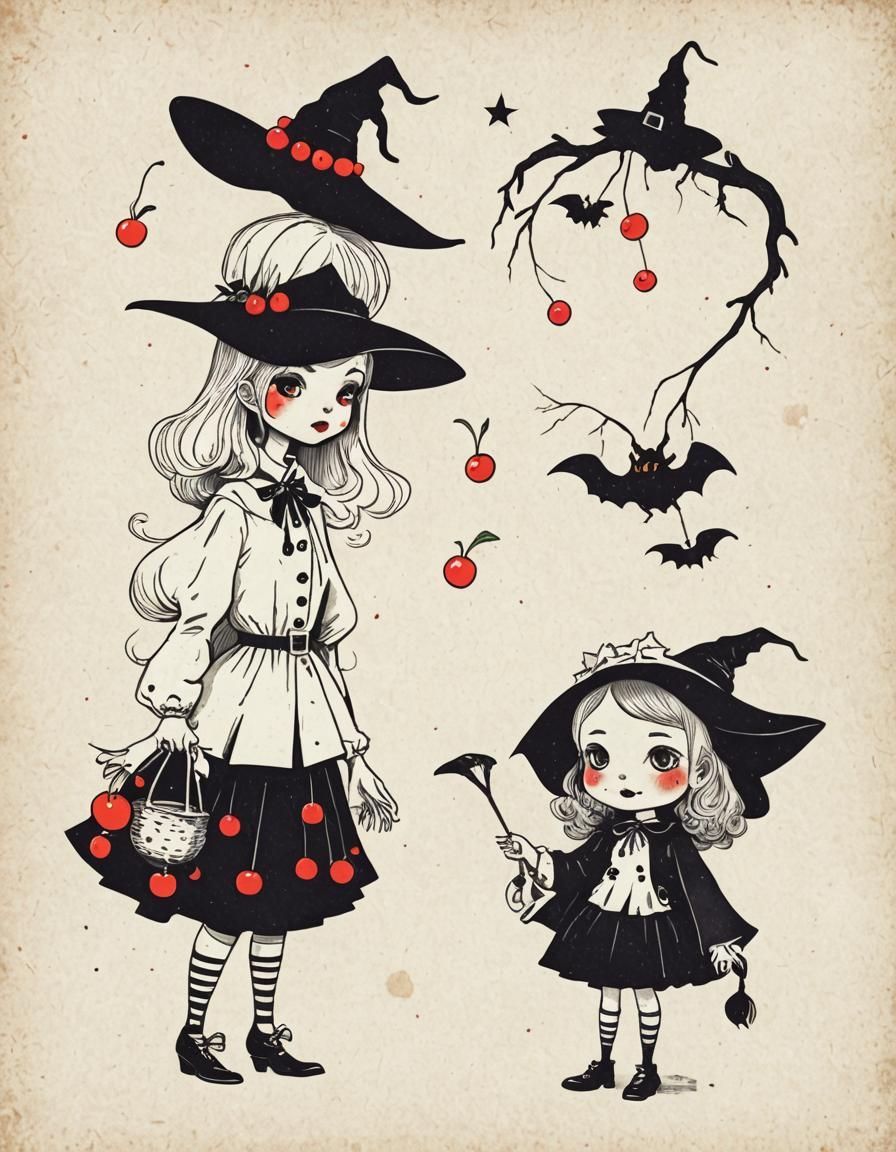 Retro Illustration of Witch Girl and Cherry Girl