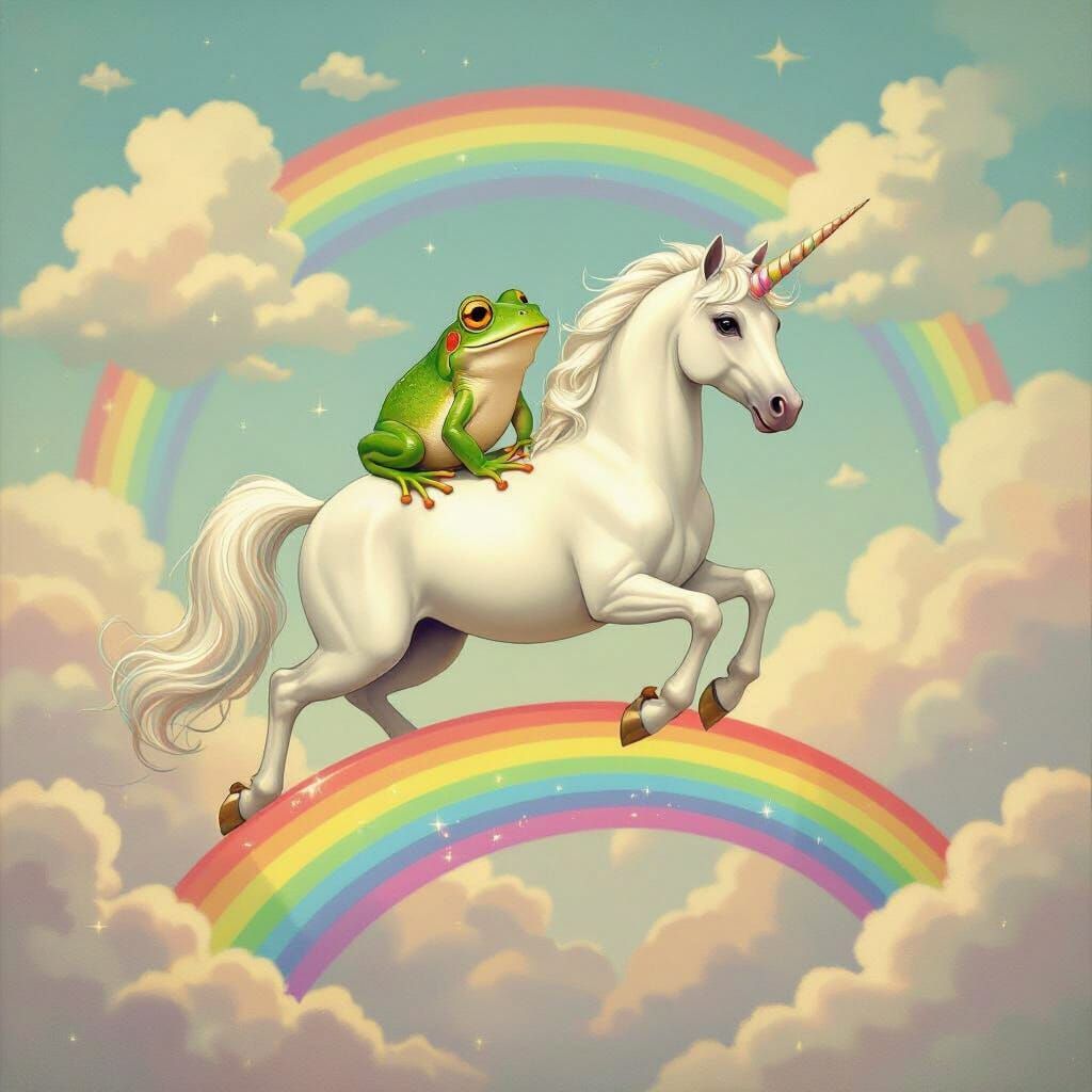 Whimsical Frog Hops on Unicorn on Rainbow