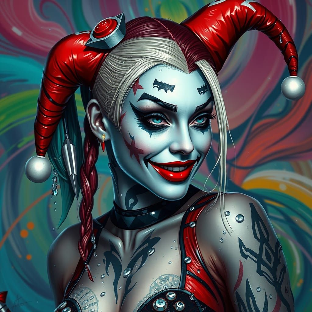 Drenched Harley Quinn Portrait with Tribal Tattoos