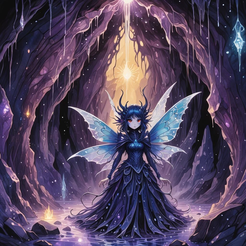 Blue Fairy Monster in Dark Anime Crystal Cave