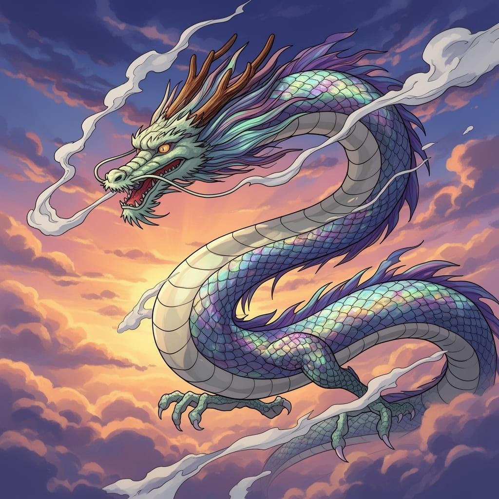 Eastern Dragon Soaring in Anime Style Sky