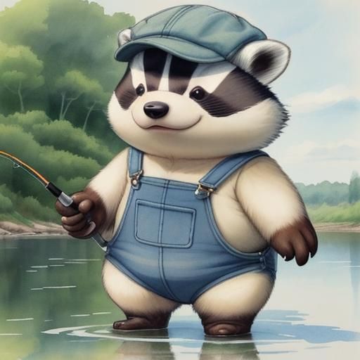 Badger Angler in Overalls: Watercolor Anime Sketch
