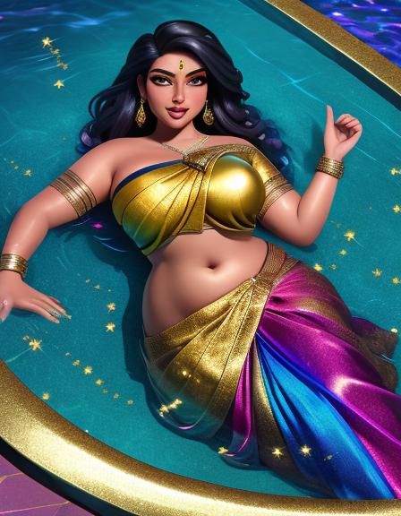 Curvy Woman in Rainbow Saree, Hyperrealistic Full Body
