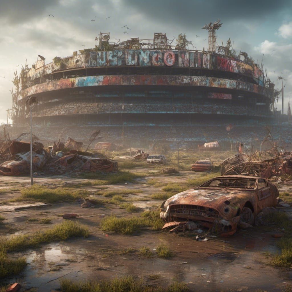 Post-Apocalyptic Stadium in Abandoned City Landscape