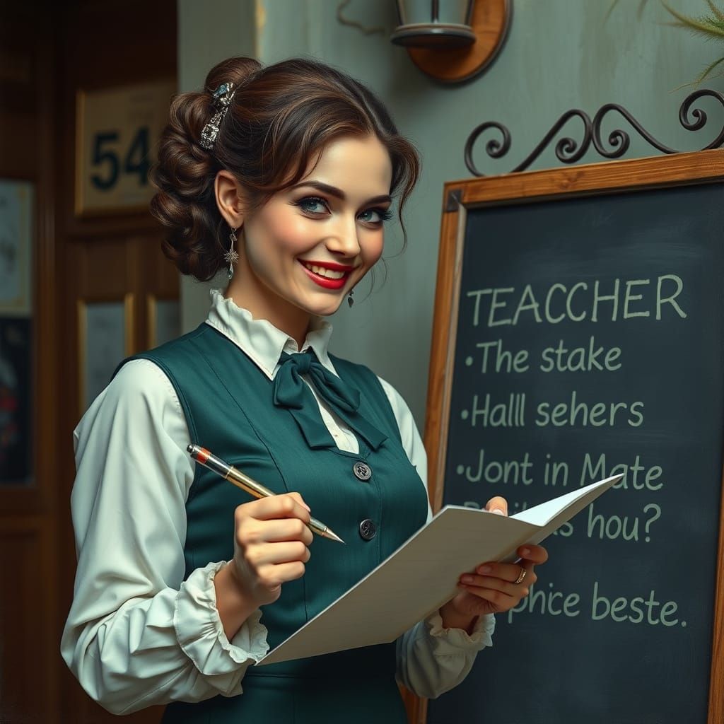 Expressive Teacher at Signboard in Detailed Matte Painting