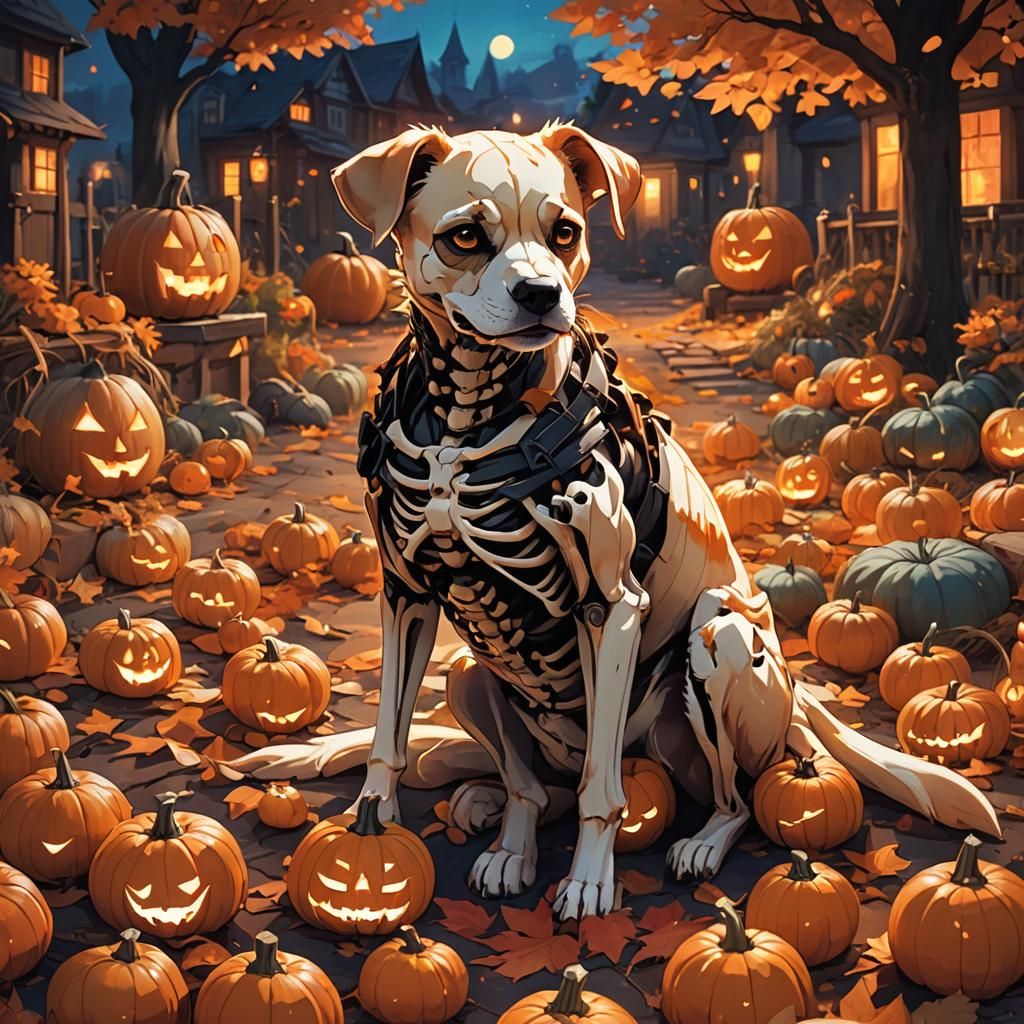 Puppy Skeleton Amidst Pumpkins: Digital Anime Art