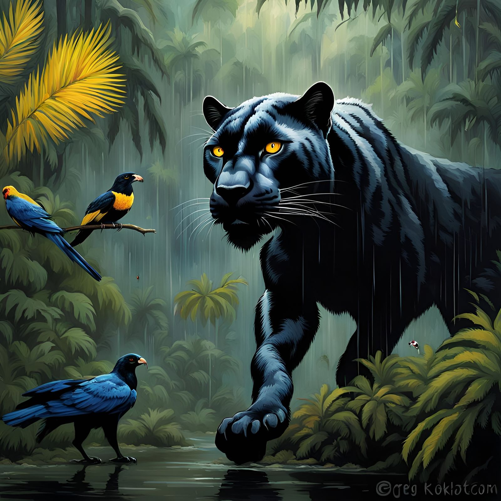 Panther in Rainforest with Exotic Birds, Dramatic Lighting