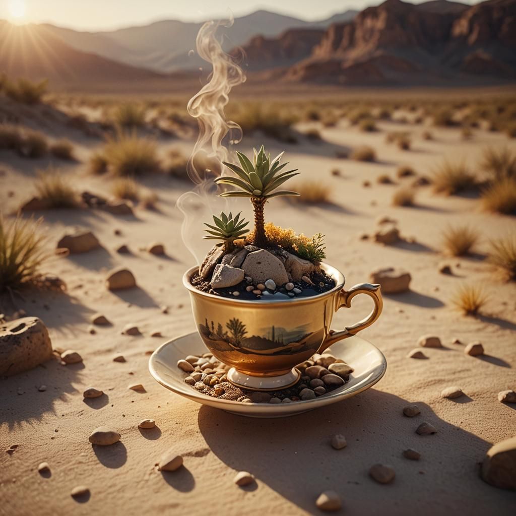 Miniature Desert Oasis in Teacup: Cinematic Still