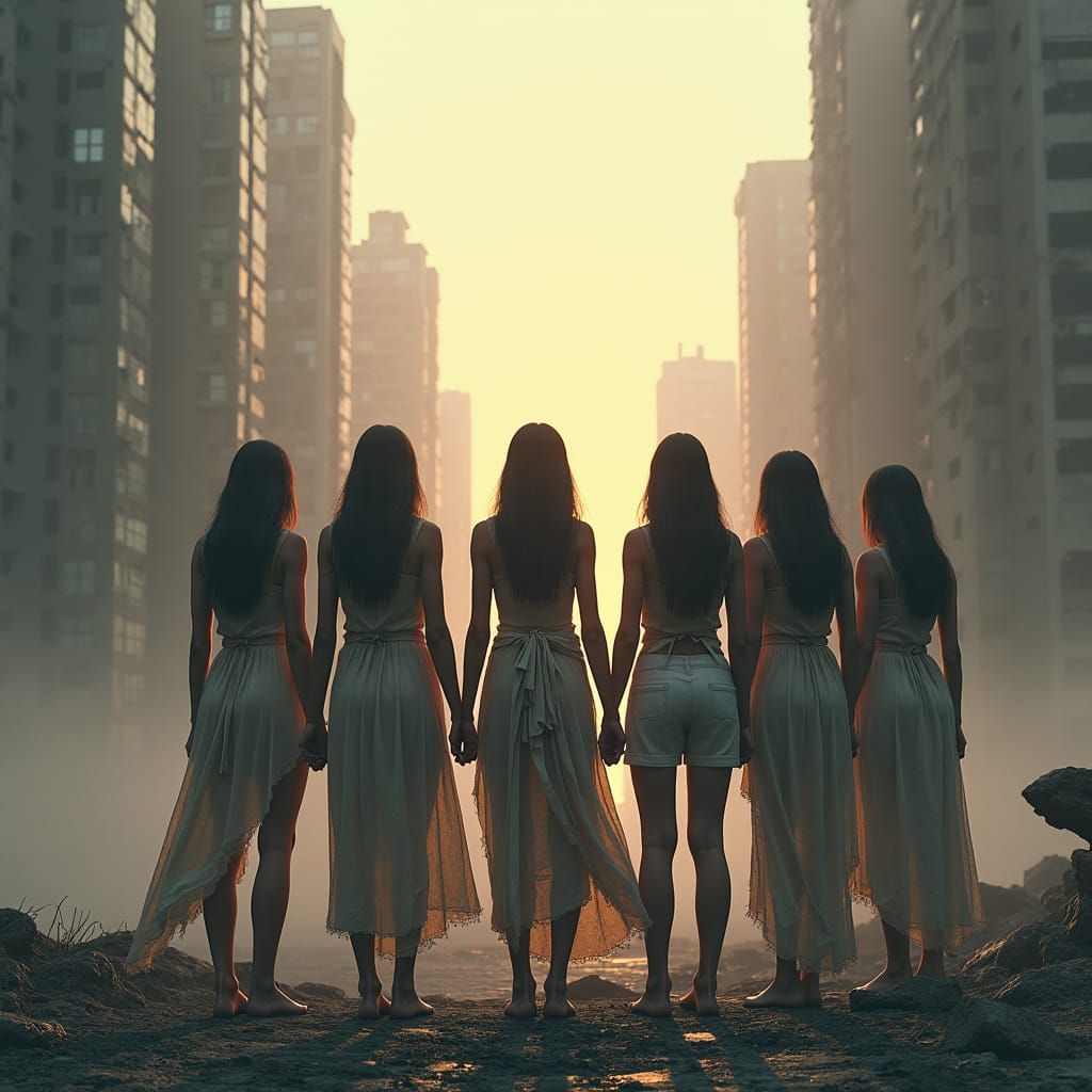 Girls in a Fading Dystopian Cityscape: Digital Art