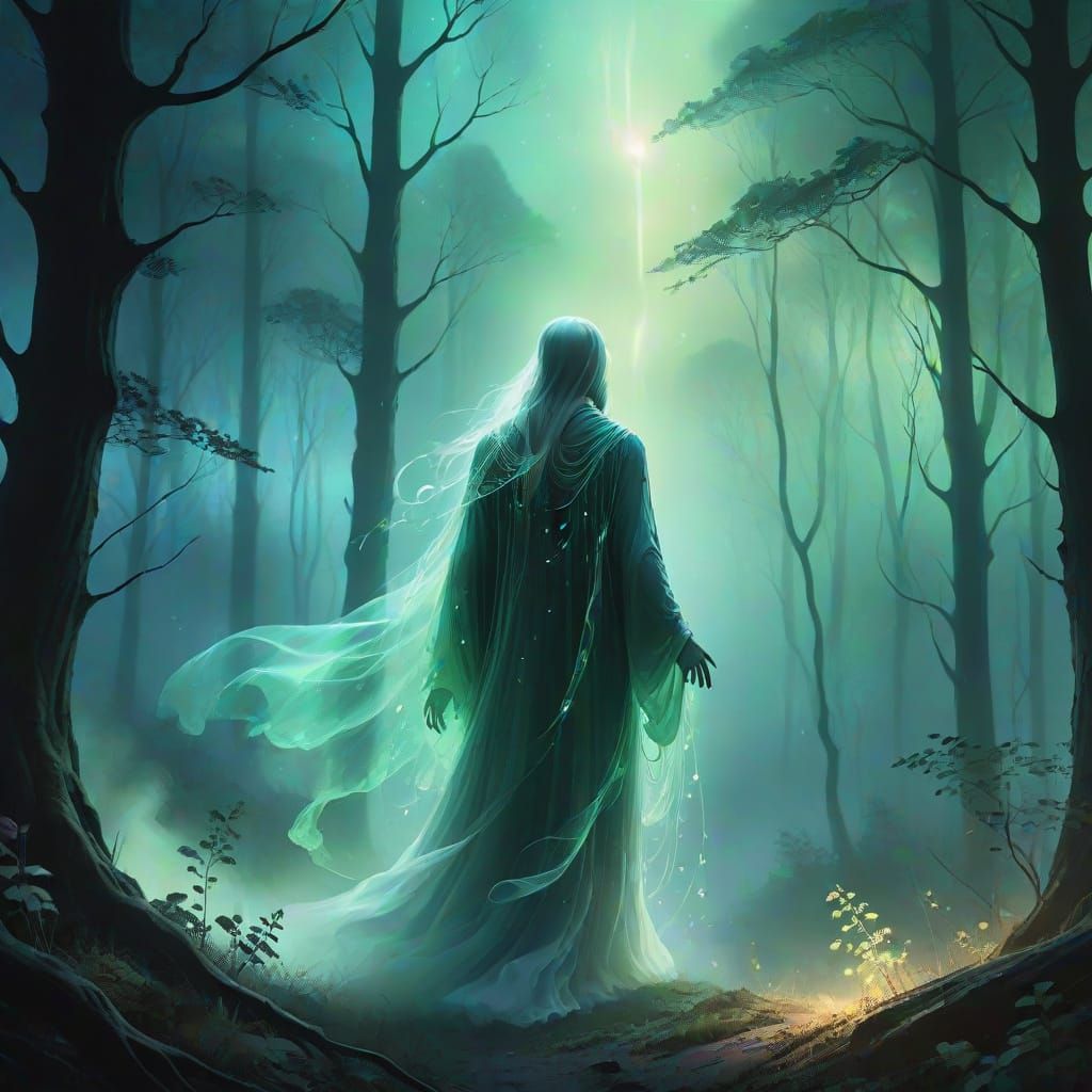 Ghostly Figure in Misty Forest with Aurora Effect