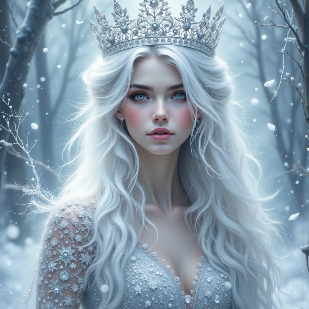Hyperrealistic Ice Queen with White Hair and Silver Crown