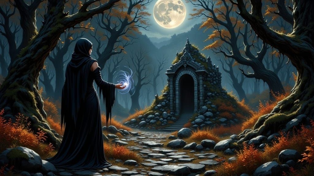 Enigmatic Elf Sorceress at Ancient Altar