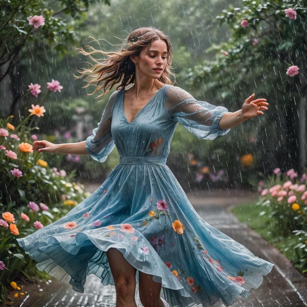 Woman Dancing in Rain, Impressionistic Artgerm Style