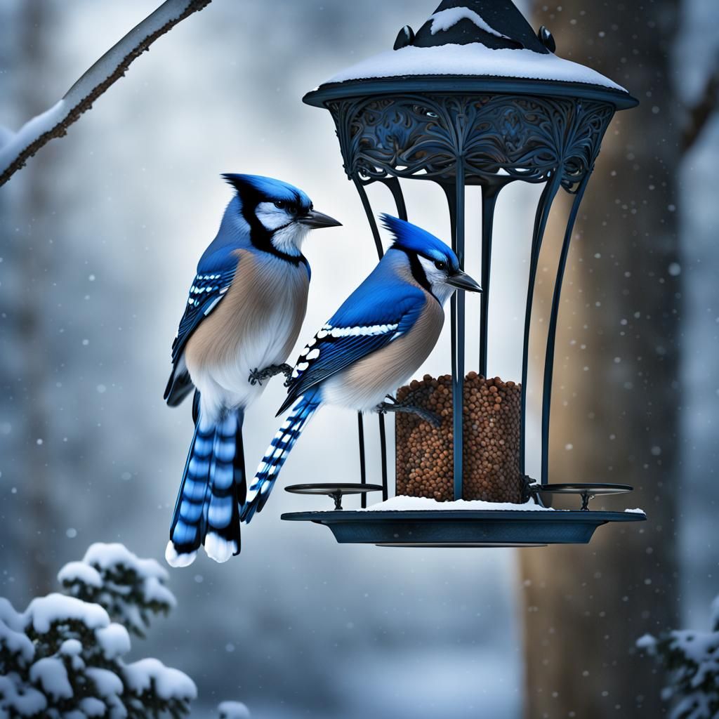 Bluebirds and Blue Jay at Bird Feeder: Digital Painting