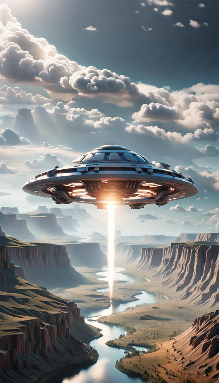 A futuristic UFO shoots for space through flowing clouds, surrounded by the winding river course the landscape below in ...