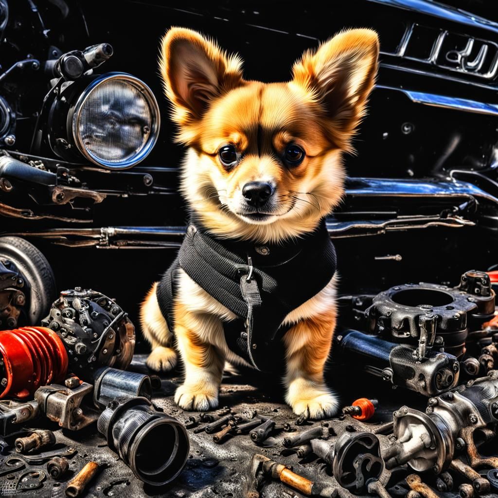 Pomeranian Corgi Mix Puppy Car Mechanic