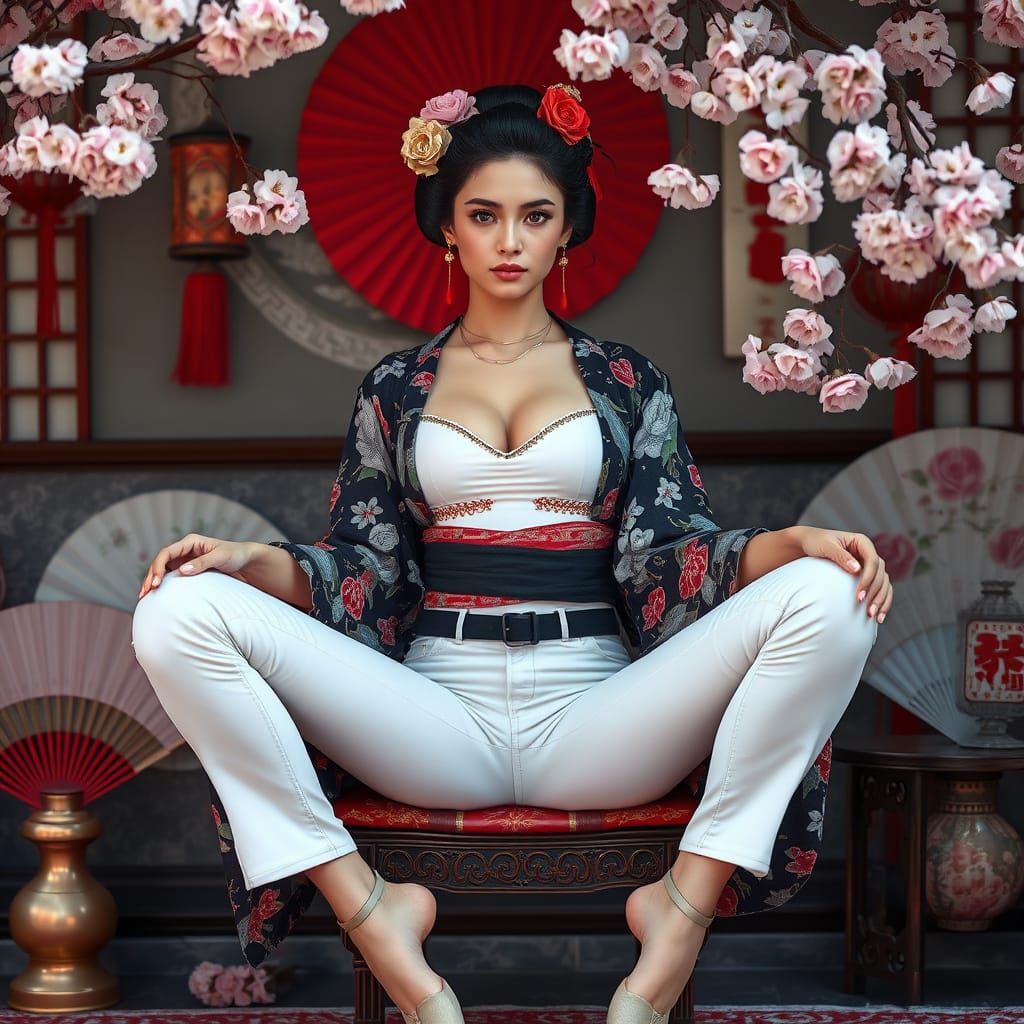 Geisha in White Jeans with Cherry Blossoms