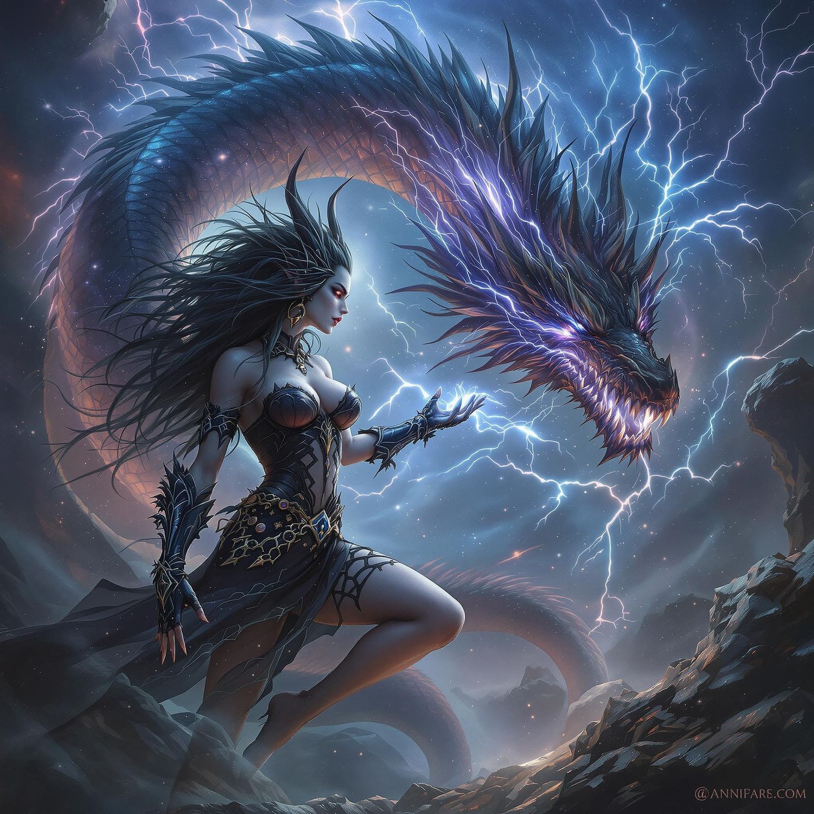 Mystical Demoness Controls Cosmic Dragon in Ethereal Light
