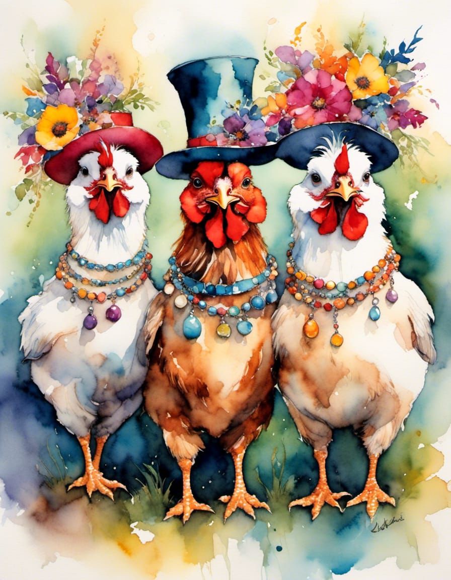 Whimsical Chickens in Watercolor-Alc Ink Style