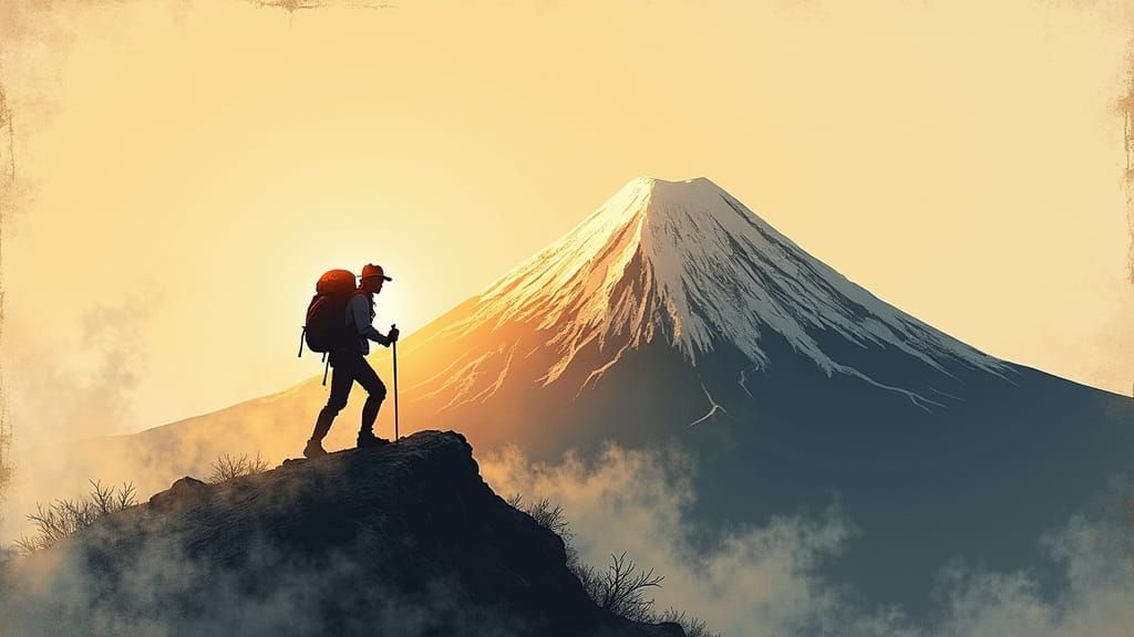 Lone Hiker Ascending Mt. Fuji in Sumi-e Style