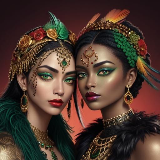 Gold-Skinned Woman with Peacock Feathers, Digital Art