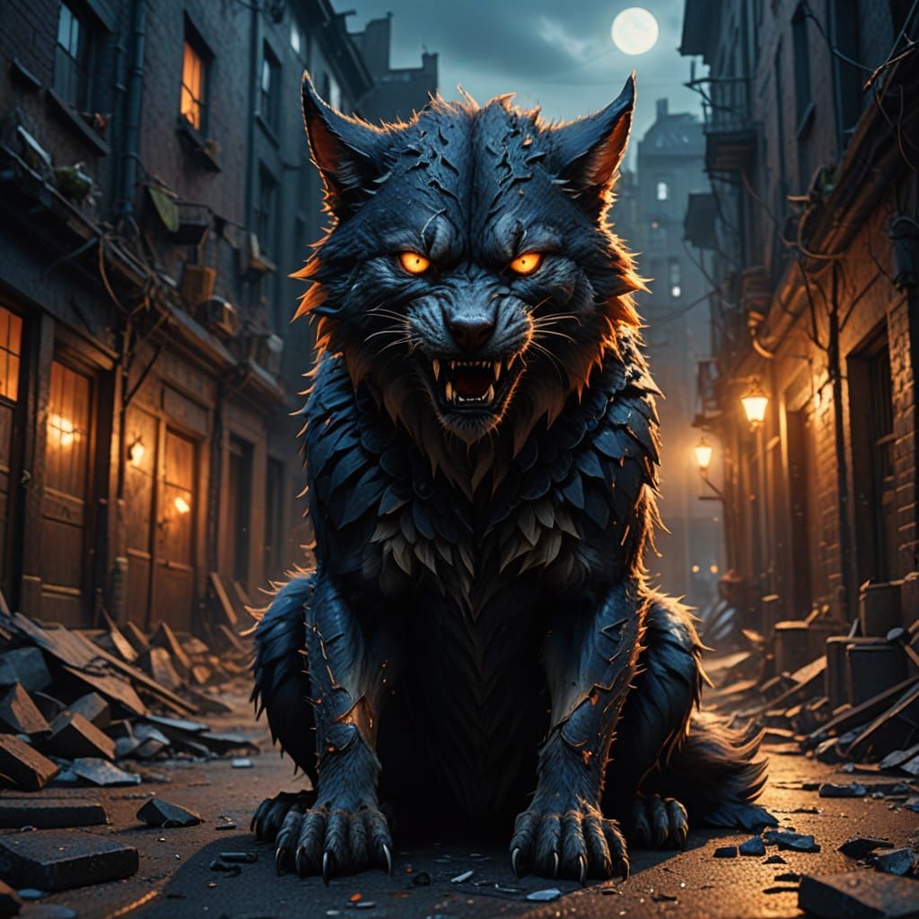 Fantasy Werewolf Cat Destroys City in Digital Art
