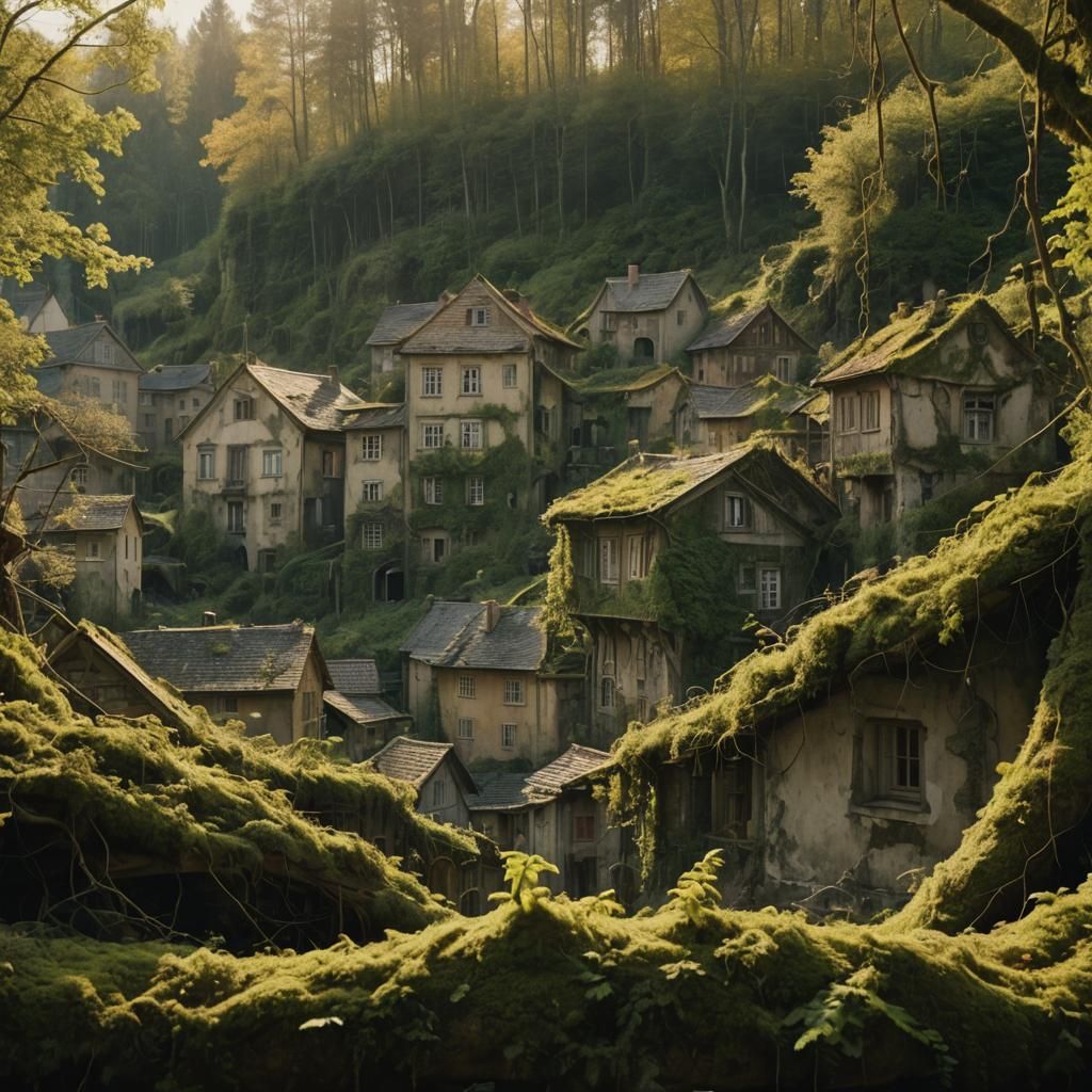 Town Buildings Overgrown by Forest, Cinematic Still