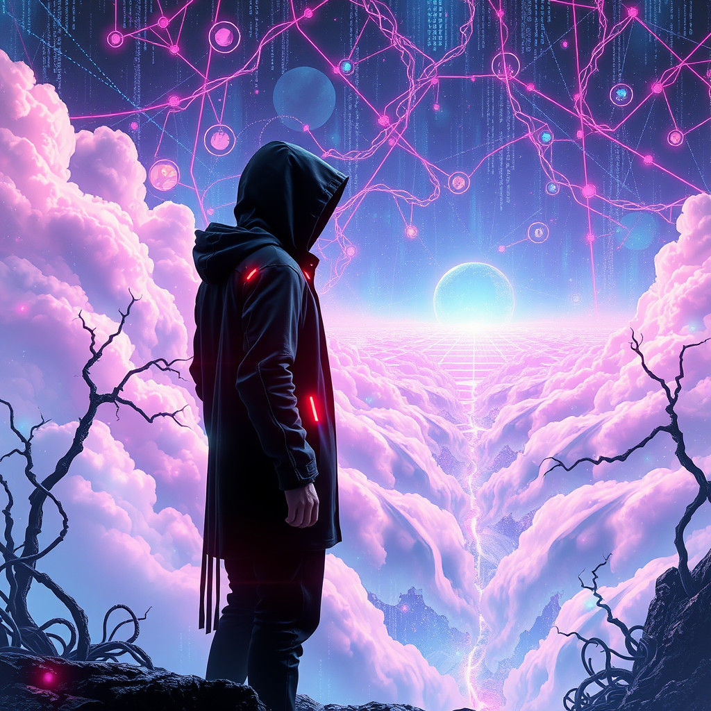 Neon Figure in Futuristic Digital Dreamscape