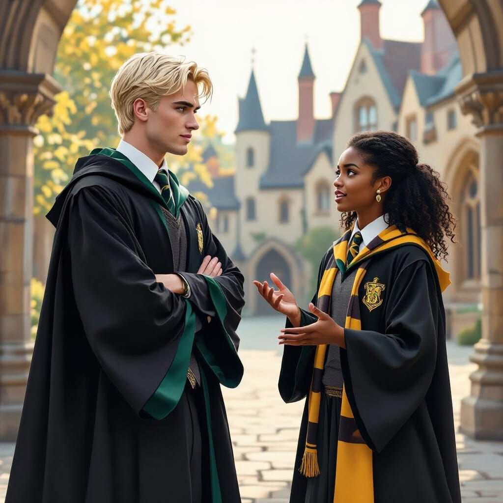 Draco Malfoy and Hufflepuff Student in Hogwarts Courtyard