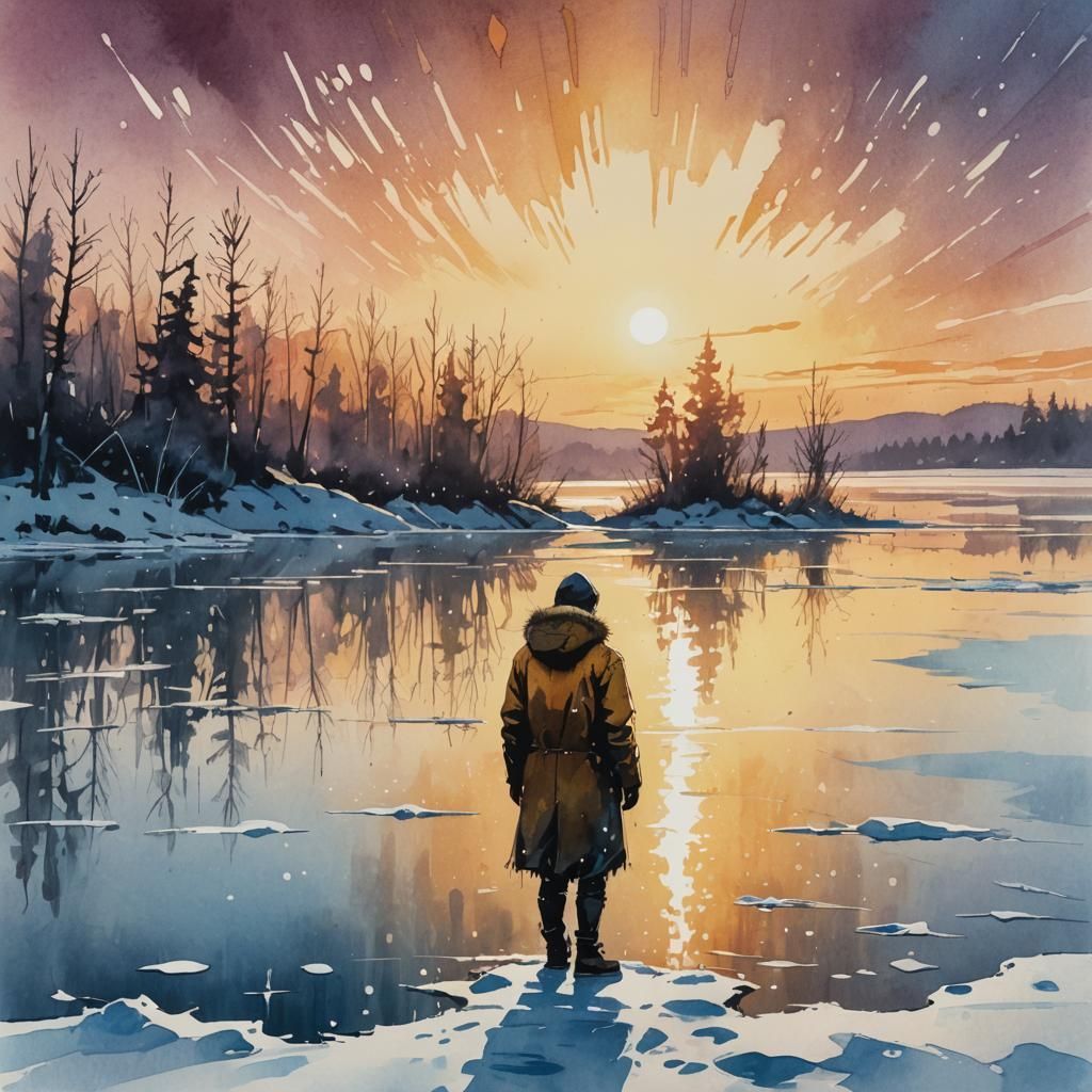 Frozen Lake Sunrise in Ink Splash Art Style