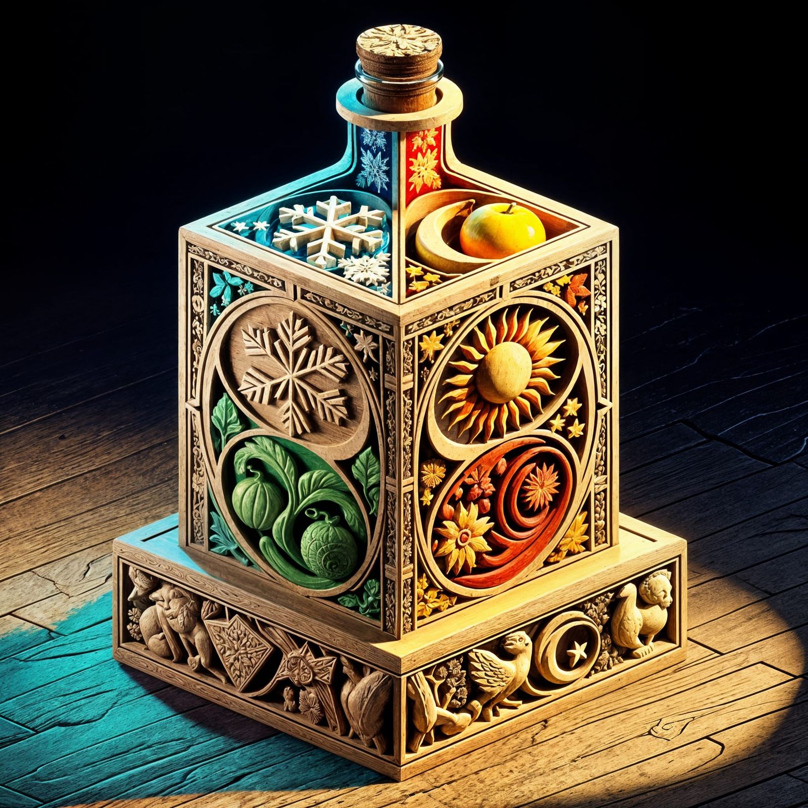 Seasonal Bas Relief Bottle in Whimsical Wood Block Art