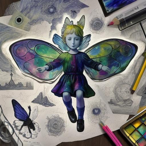 Starry Night Fairy Child in Surreal Crayon Drawing