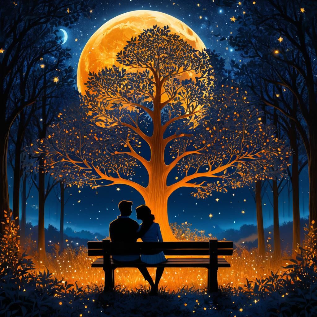 Romantic Couple Under Harvest Moon in Digital Painting