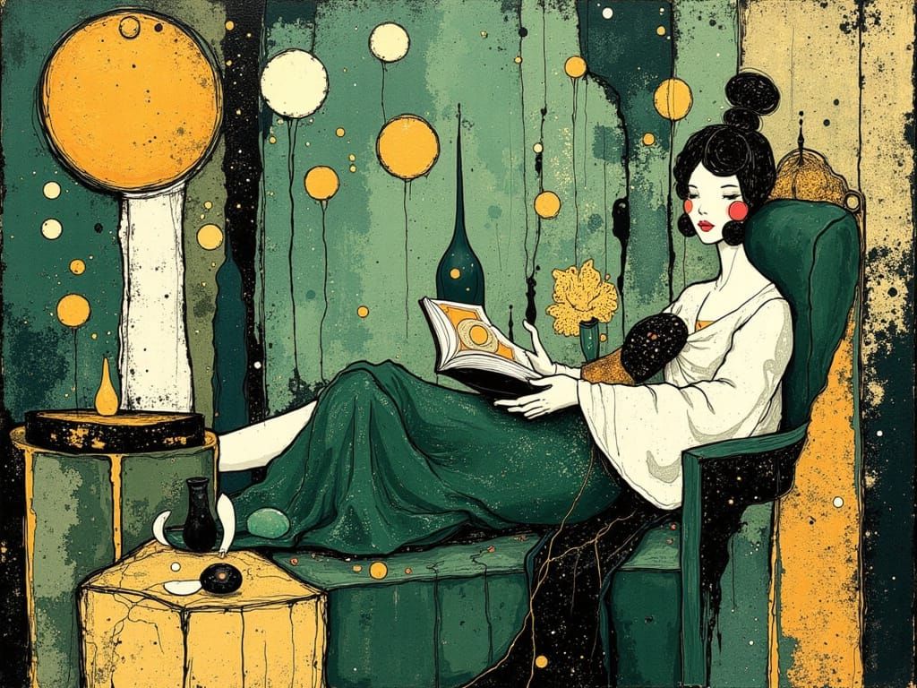 Art Deco Lady Reading: Pen, Ink, and Oil