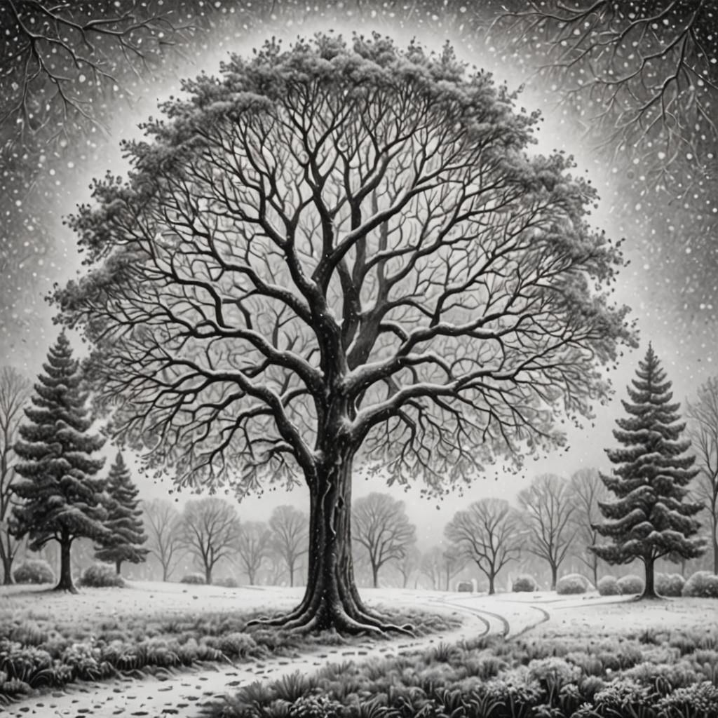 Detailed Winter Tree in Black and White Pointillism