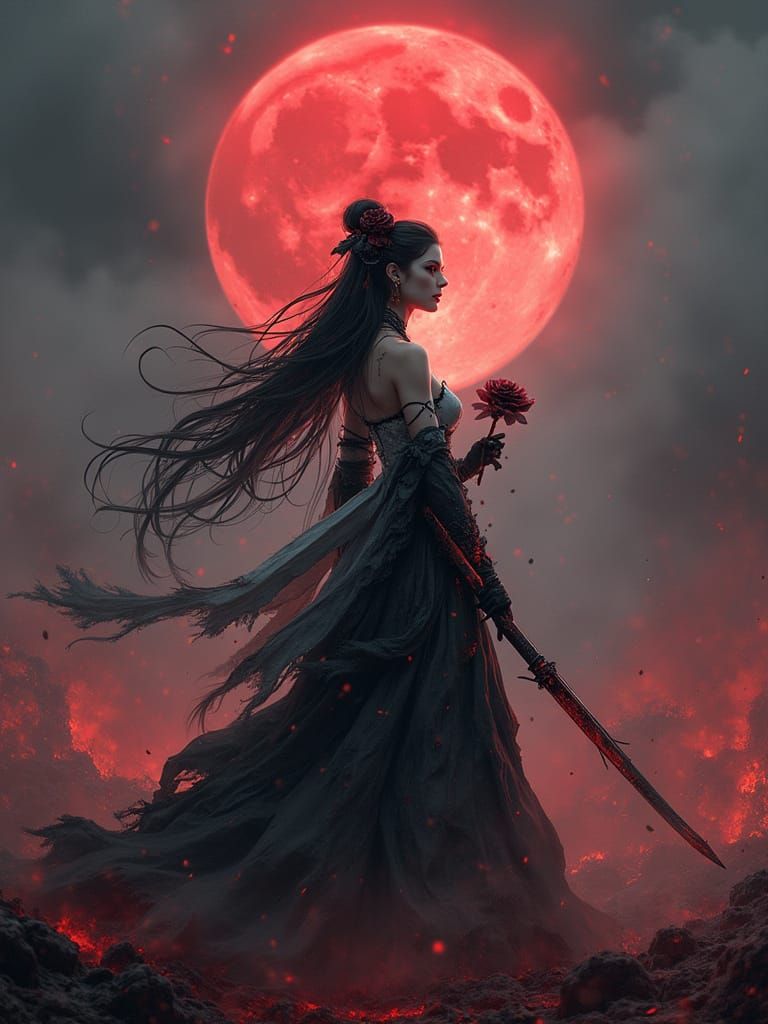 Elegant Empress Under Crimson Moonlight