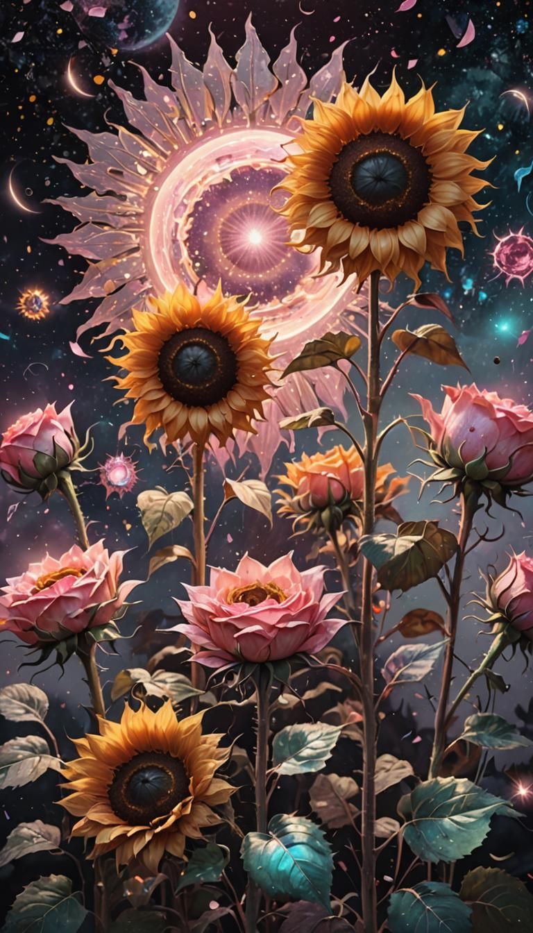 Eerie Astral Illustration: Pink Flowers and Pumpkins
