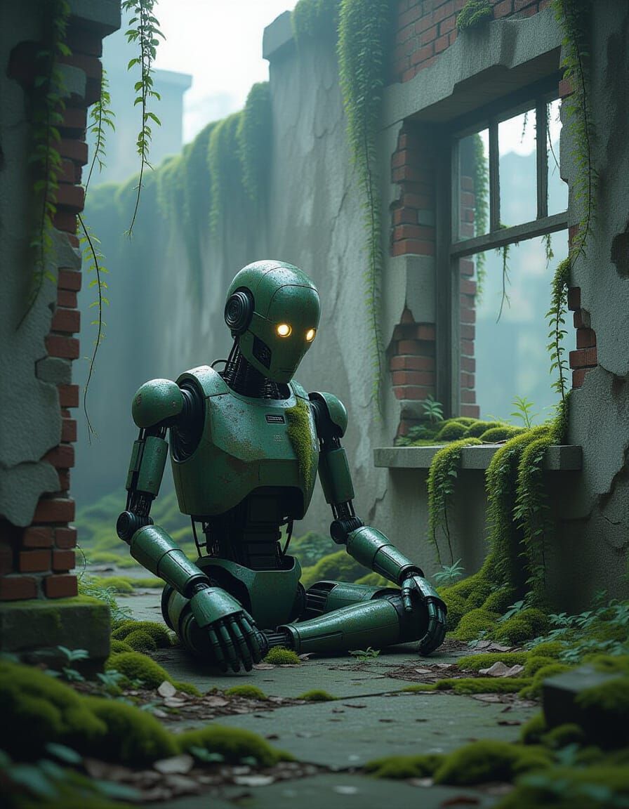 Android in Overgrown Ruins, Concept Art Style