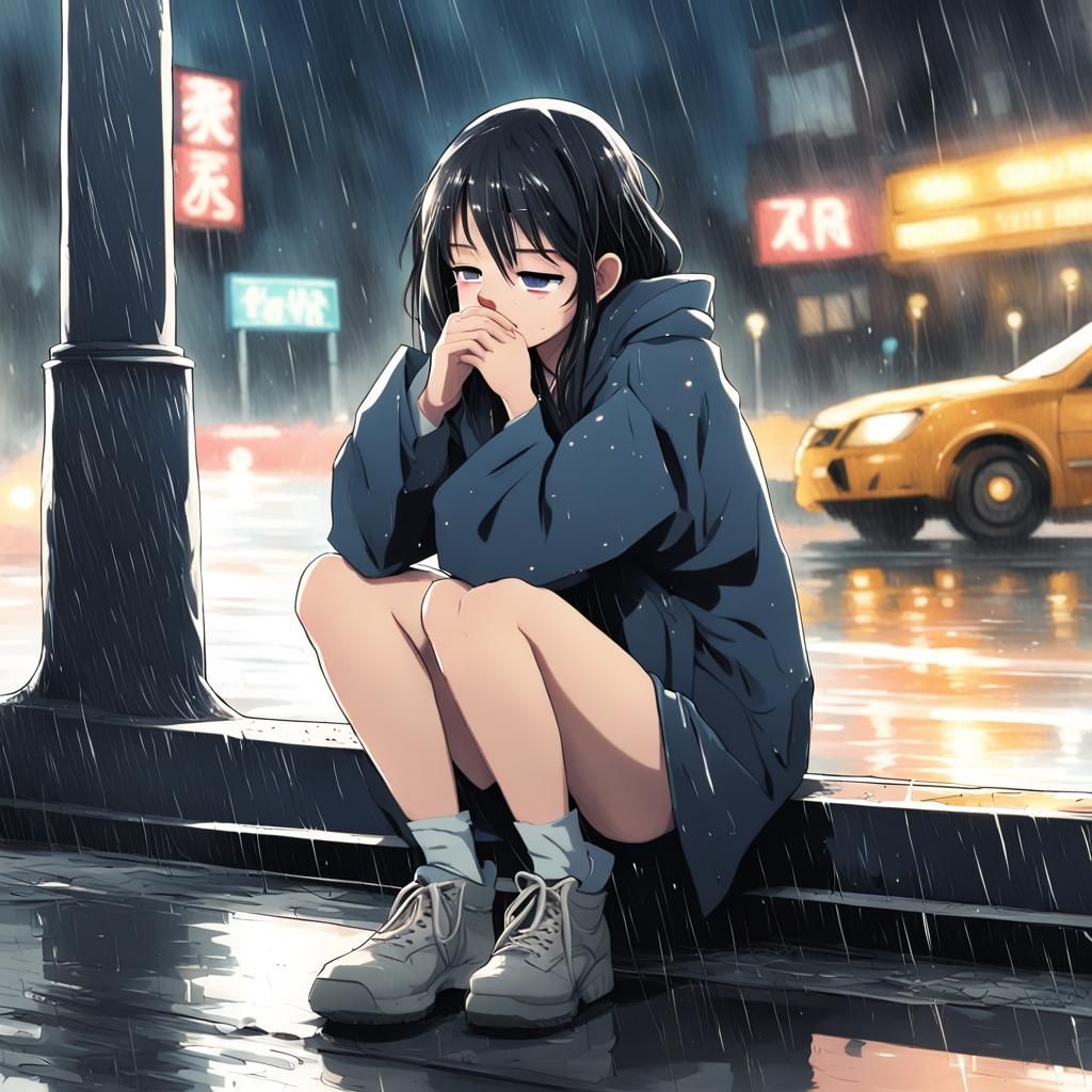 Sad Girl Crying in Rainy City, Anime Style