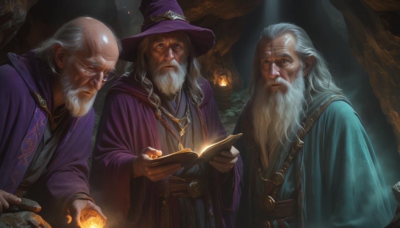 Wizards Consult in Mystical Cave: Fantasy Art