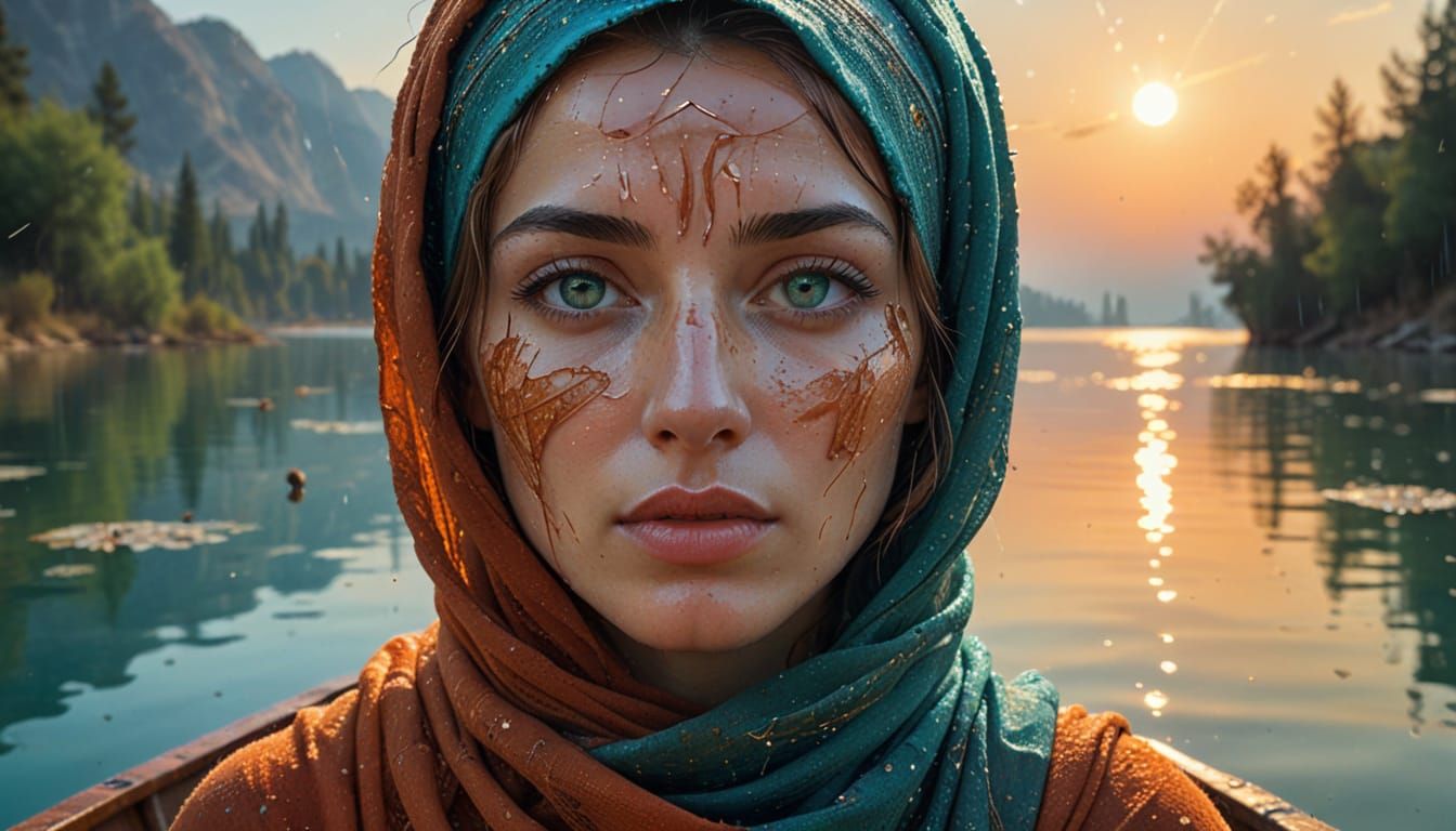 Dreamlike Portrait with Geometric Scarf and Lake