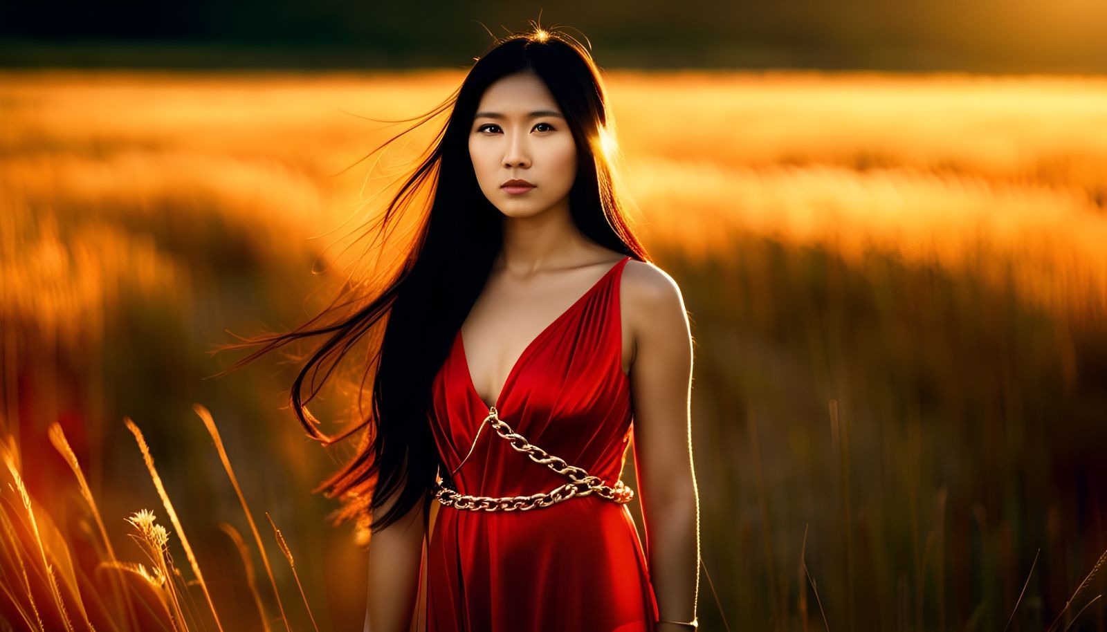 Asian Woman in Red Dress Basking in Sunlight