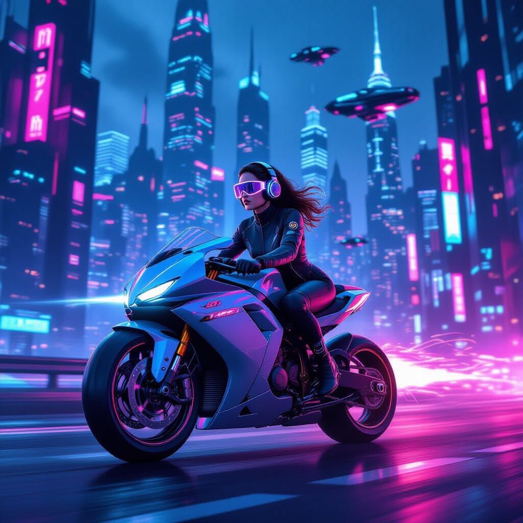 Woman on Futuristic Motorcycle in Neon Metropolis
