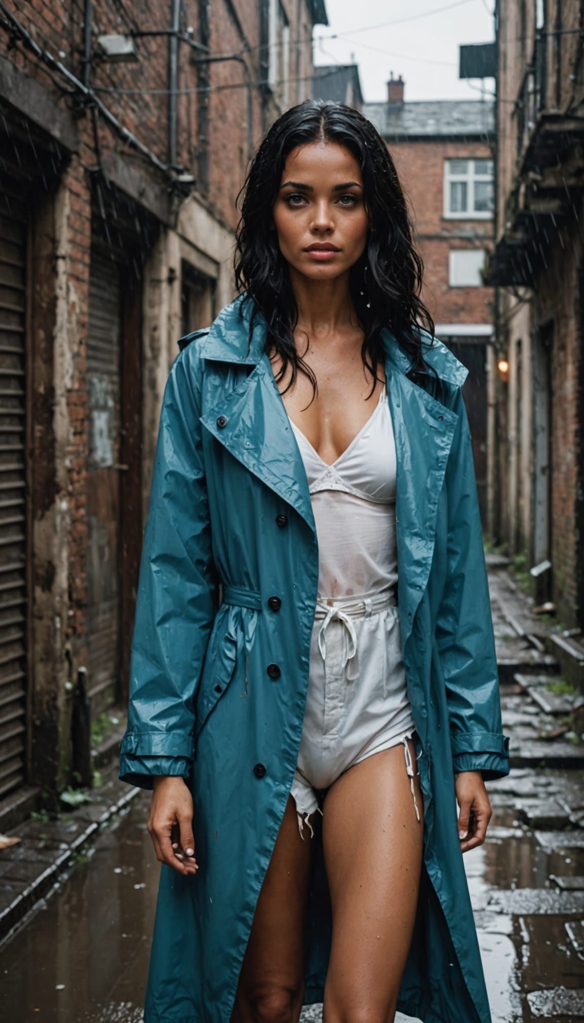 Creole Woman in Bikini and Raincoat in Alley